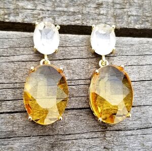 14k Gold Citrine and Herkimer Diamond Stud Earrings, Oval Large Citrine Earrings